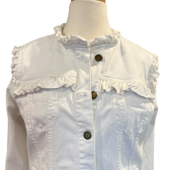 Karl Lagerfeld | White Denim Ruffle Cropped Jacket Medium - Picture 10 of 11